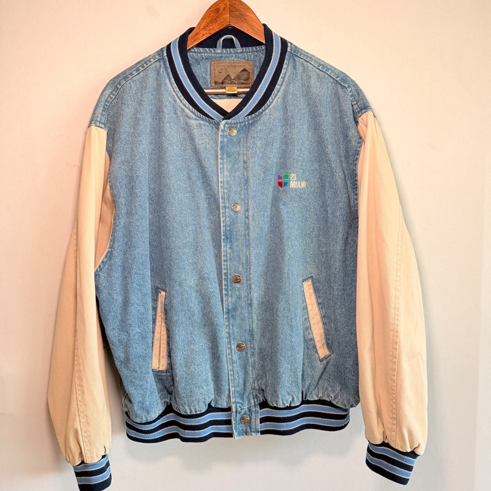 90s Univision Spanish‎ Tv Jacket Mens XL Denim 2 Tone Blue Miami Varsity Bomber